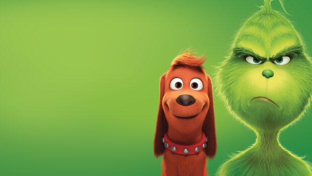 The Grinch character standing next to his loyal dog on a green plain background