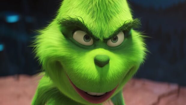 The Grinch character with a mischievous smile and green fur facing forward