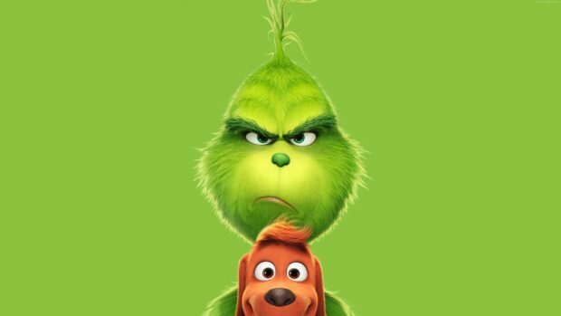The Grinch character with a thoughtful expression and a happy dog on a green background