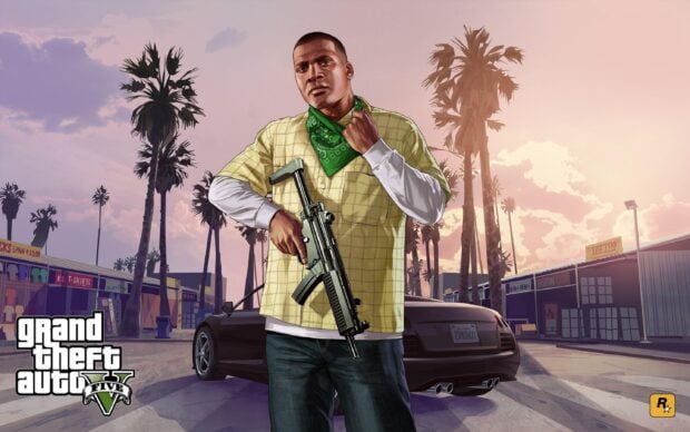 A GTA V character stands in front of a sports car holding a rifle with palm trees in the background