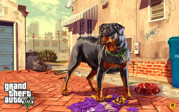 Rottweiler dog standing on a brick street in a gta v cityscape with a torn basketball jersey