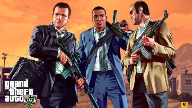 The three main characters from GTA V holding rifles in a desert scene at sunset
