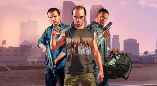 Three characters from gta v holding weapons and a duffel bag in front of a cityscape at sunset