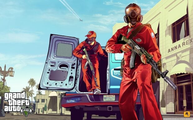 Two characters in red jumpsuits preparing a heist in Grand Theft Auto Five