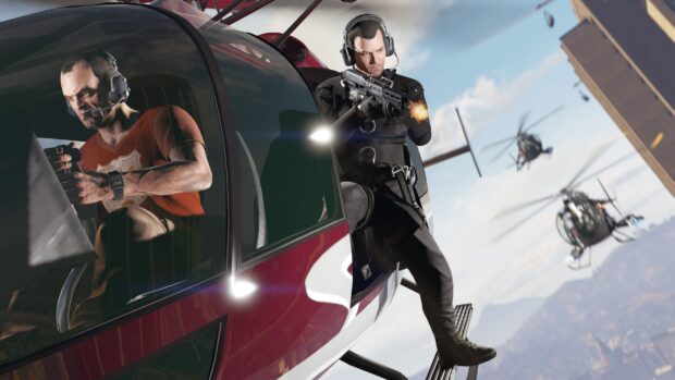 A gta v character firing a gun from a helicopter door during an aerial mission