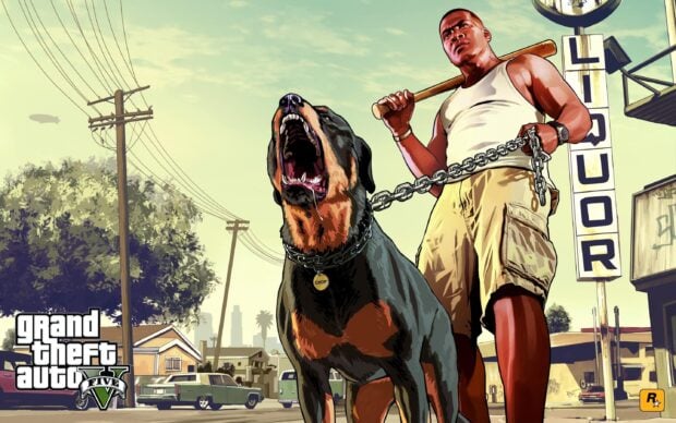 A GTA V character holding a bat with a fierce dog named Chop in an urban neighborhood