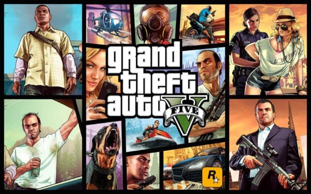 GTA V characters collage with armed men woman police and a dog in vibrant colors