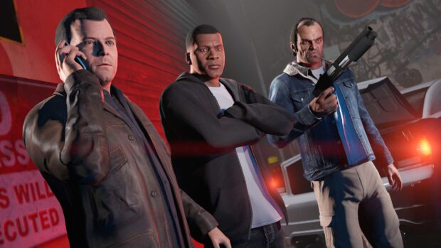 Three main characters from GTA V preparing for a mission in a dark urban setting