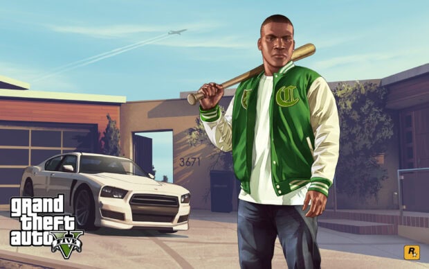 A GTA V character holding a baseball bat standing in front of a house with a white sports car parked outside
