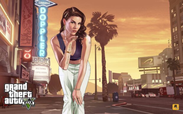 A GTA V character posing on a city street with palm trees and neon signs at sunset