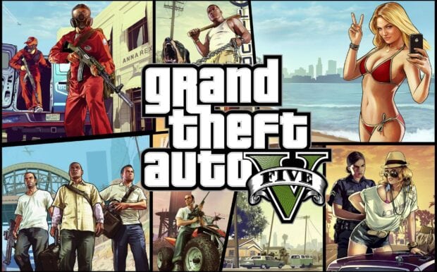 A collage of gta v characters including three men walking and a woman taking a selfie on the beach