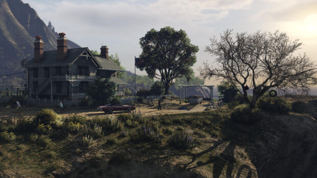 A countryside house scene with trees and cars in gta v landscape