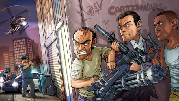 A GTA V character holding a large gun with two other armed characters in a city street scene