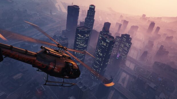 A GTA V helicopter flying over the city skyline with tall buildings during sunset