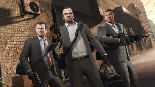 Three gta v characters in suits holding guns in an urban alley setting