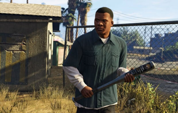 Franklin holding a baseball bat in a residential area in Gta V