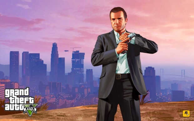 Michael in a suit holding a gun in front of a cityscape from gta V
