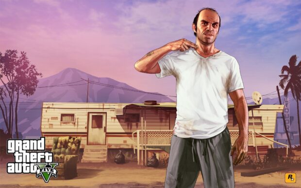 Trevor from gta v standing in front of a trailer park with mountains in the background
