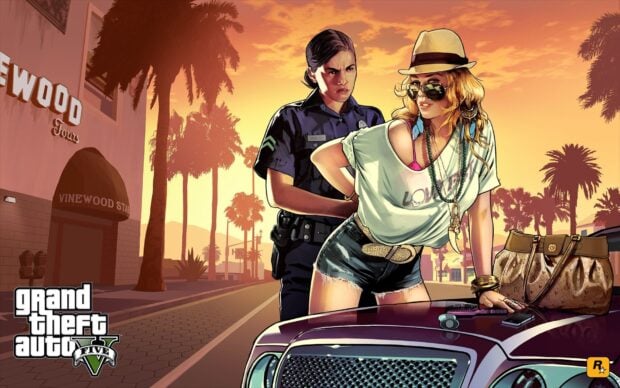 A female cop arresting a young woman in the city of Los Santos from GTA V