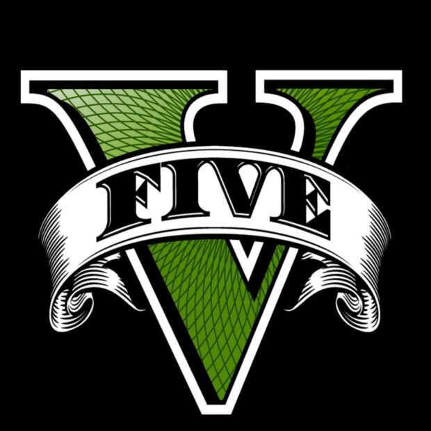 The gta v logo with a green patterned letter v on a black background