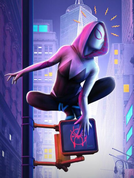 Gwen Stacy crouching on traffic light in cityscape at night with spider symbol displayed