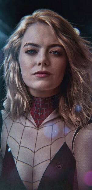 Close up of Gwen Stacy in her spider suit showing determined expression and blue eyes