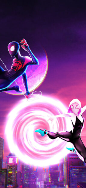 Gwen Stacy is leaping dynamically through a glowing portal above the city skyline