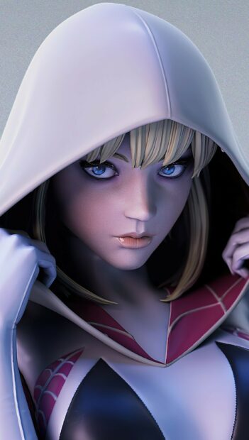 Gwen Stacy wearing a white hood and costume with blue eyes and blonde hair in a detailed close up