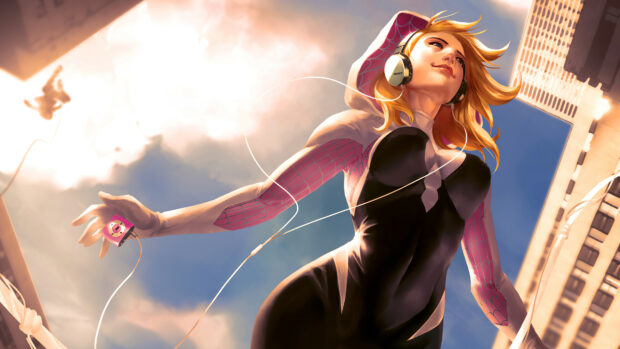 Gwen Stacy in a black and pink suit listening to music while swinging through the city