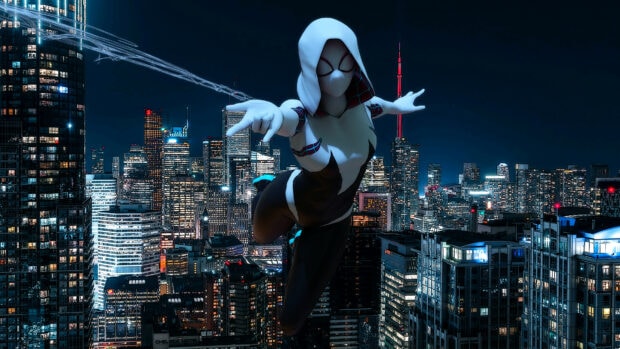 Gwen Stacy swinging above the city skyline at night using web shooters