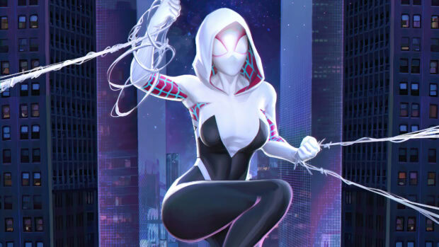 Gwen Stacy in her Spider Woman costume swinging between buildings at night