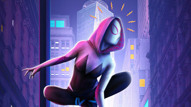 Gwen Stacy in her superhero suit perched on a building ledge in a vibrant cityscape at night