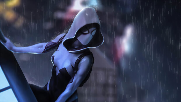 Gwen Stacy character wearing a hooded suit in the rain at night