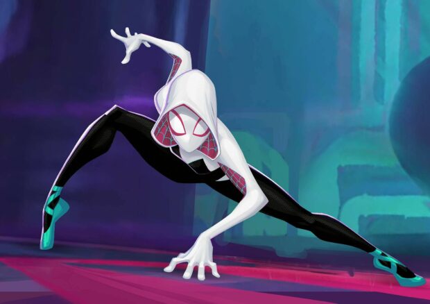 Gwen Stacy in her white and black suit crouching in an action pose