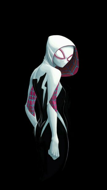 Gwen Stacy character in a white and black suit with pink web patterns on a black background