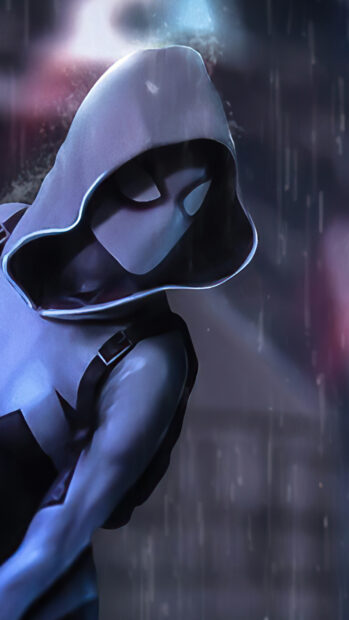 Gwen Stacy character wearing a hooded suit in a dark rainy environment