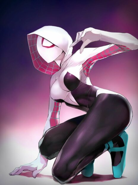 Gwen Stacy in a white and black suit crouching with a purple and pink web pattern on her arms and hood