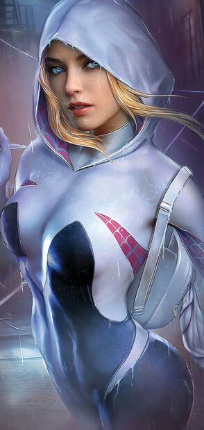 Gwen Stacy in a white hooded suit with blue eyes standing in the rain