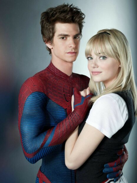 Gwen Stacy standing close to a man in a Spider Man costume in a portrait style