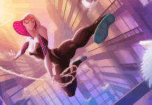 Gwen Stacy swinging through the city with dynamic action and vibrant colors