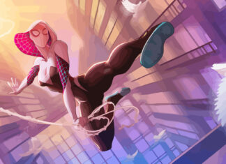 Gwen Stacy swinging through the city with dynamic action and vibrant colors