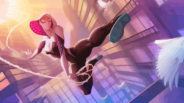 Gwen Stacy swinging through the city with dynamic action and vibrant colors