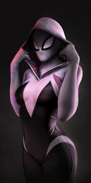 Gwen Stacy wearing a detailed black and white suit with a hood in a dark setting
