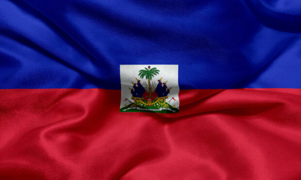 The detailed fabric texture of the Haiti flag prominently displaying the nation's emblem