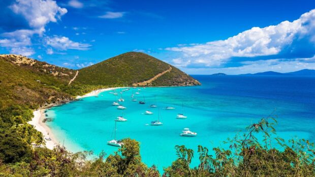 A scenic view of boats anchored near a lush green hill in Haiti bay