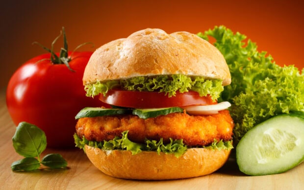 Crispy breaded chicken sandwich with fresh lettuce tomato cucumber and onion on a bun