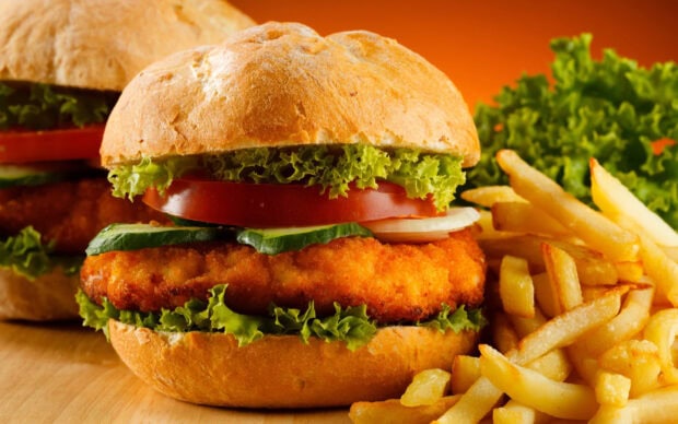 Crispy chicken sandwich with lettuce tomato and cucumber served with golden french fries on wooden surface