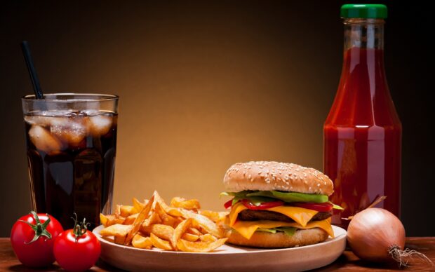 A fresh hamburger with cheese and lettuce served with crispy fries and a glass of cola