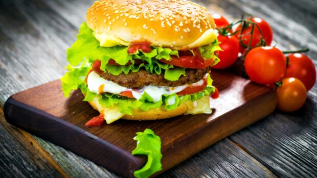 Fresh hamburger with lettuce and tomato on a wooden board with vine tomatoes