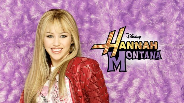 Hannah Montana smiling in a red jacket with a purple fluffy background